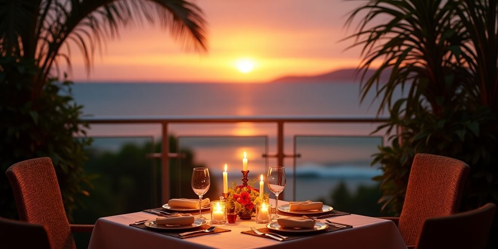Romantic oceanfront dining for couples at sunset.