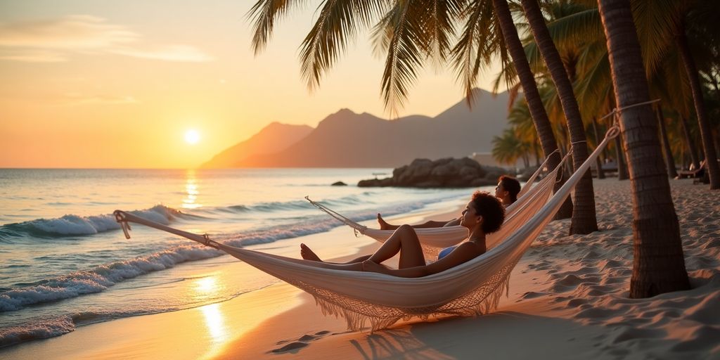 Adults relaxing in hammocks on a serene beach.