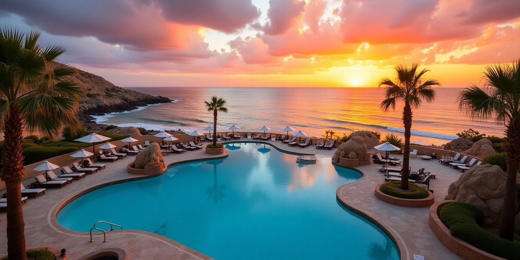 Beachfront resort in Cabo San Lucas at sunset.