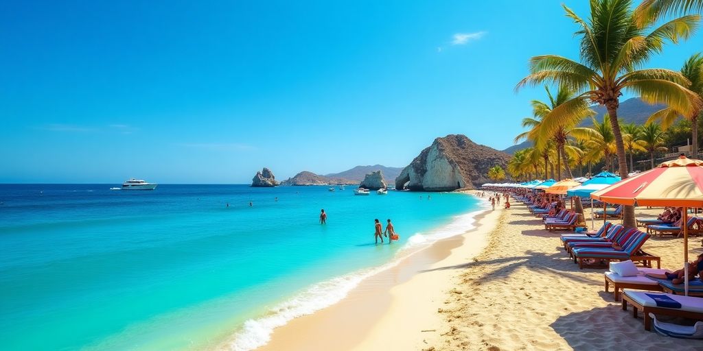 Cabo San Lucas beach with palm trees and clear waters.