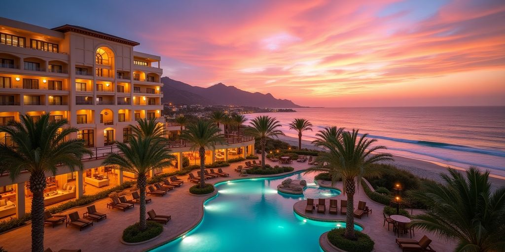 Luxurious hotel with palm trees and sunset backdrop.