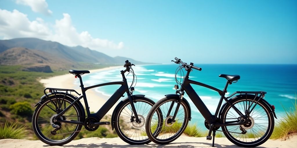 Electric bikes by a Cabo beach under clear blue skies.