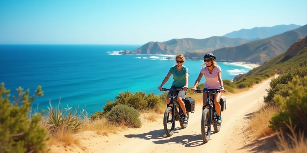 Family enjoying electric bike tour along Cabo's coastline.