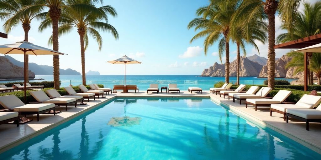 Luxurious poolside at ME Cabo with ocean view.