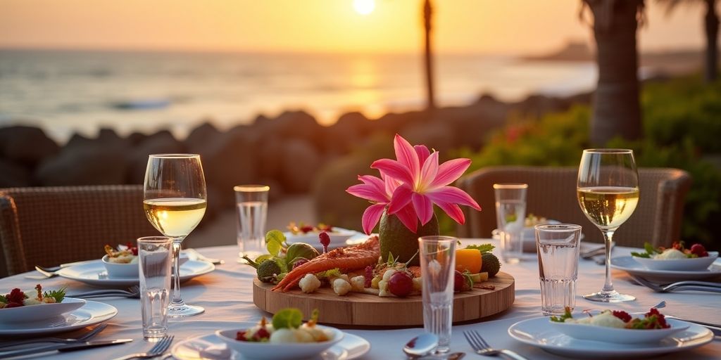 Elegant dining setup with ocean view at sunset.