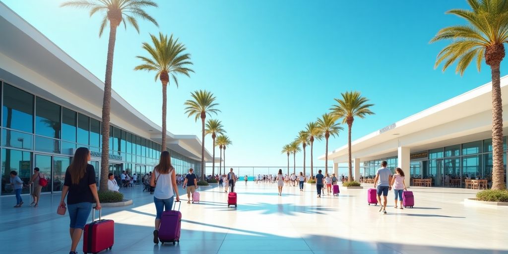 Travelers at Los Cabos Airport with palm trees and sunshine.