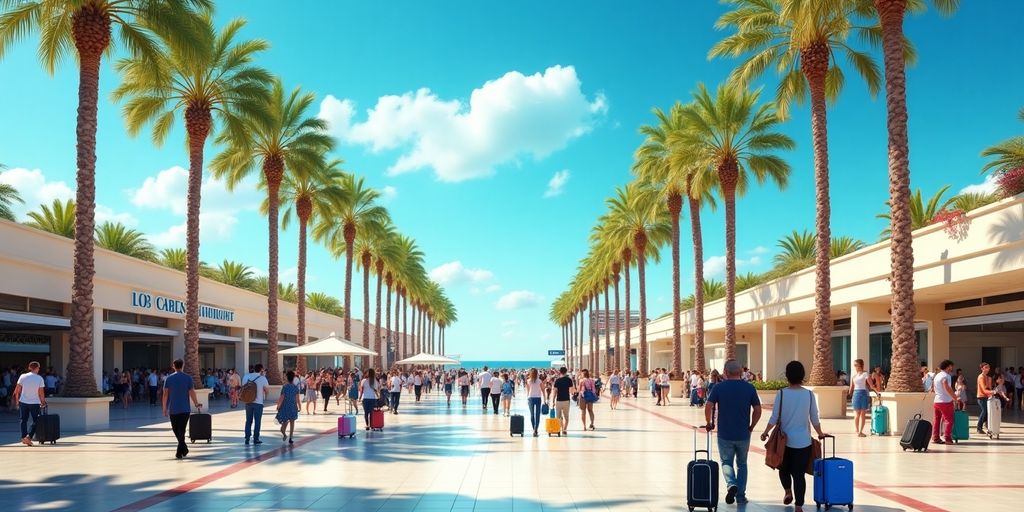 Travelers at Los Cabos International Airport with palm trees.