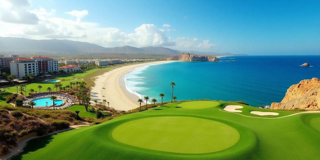 Luxurious golf resort with ocean views and green fairways.