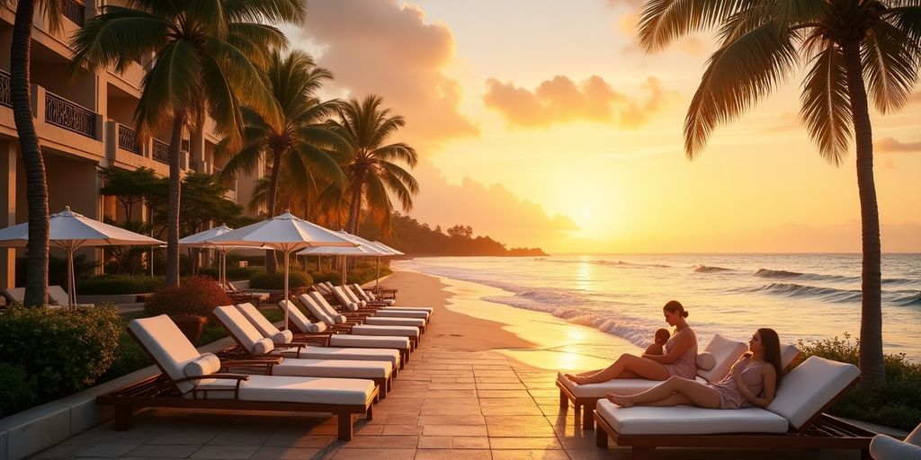 Luxurious beachfront resort at sunset with palm trees.