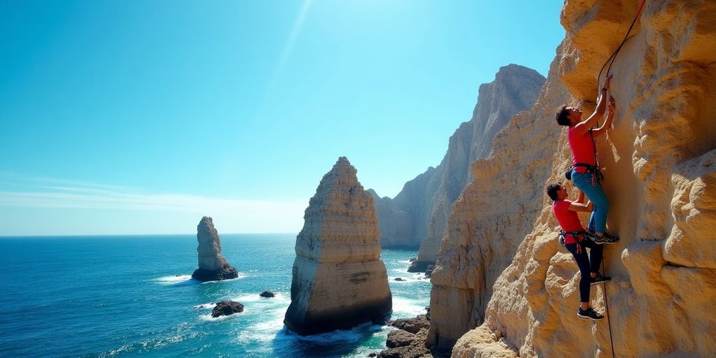 Climbers on cliffs with ocean view in Cabo.