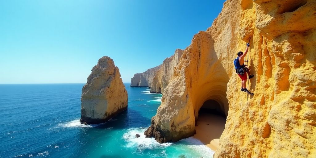 Climbers on colorful cliffs in Cabo's stunning landscape.