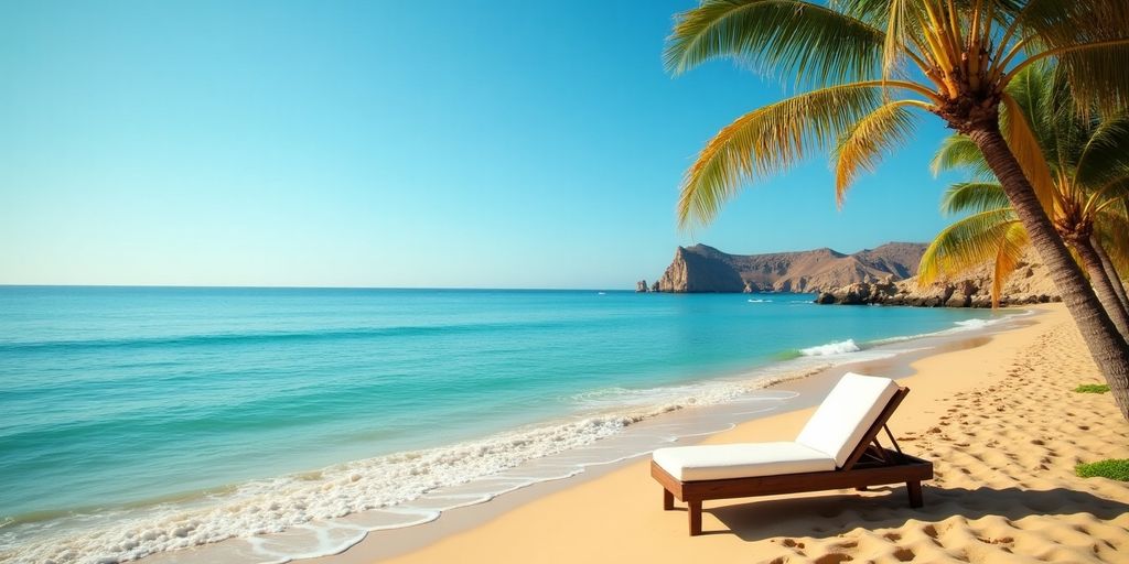 Beachfront view with sand, waves, and palm trees.
