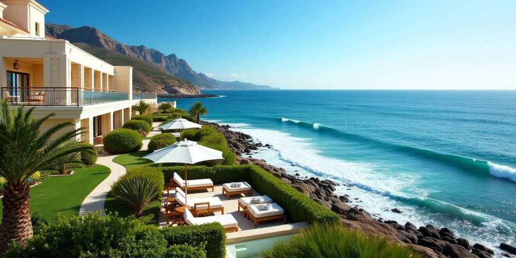 Stylish seaside hotel with ocean view and greenery.