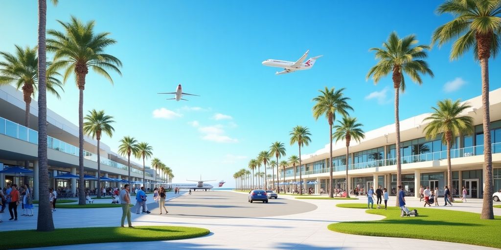 Cabo San Lucas International Airport with blue sky and palm trees.