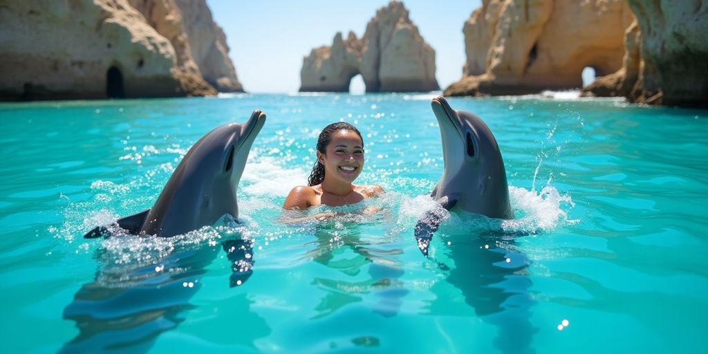 Person swimming with dolphins in sunny Cabo waters.