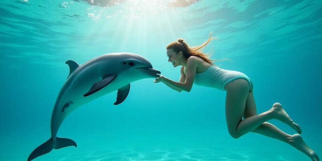 Swimmer and dolphin in clear blue water.