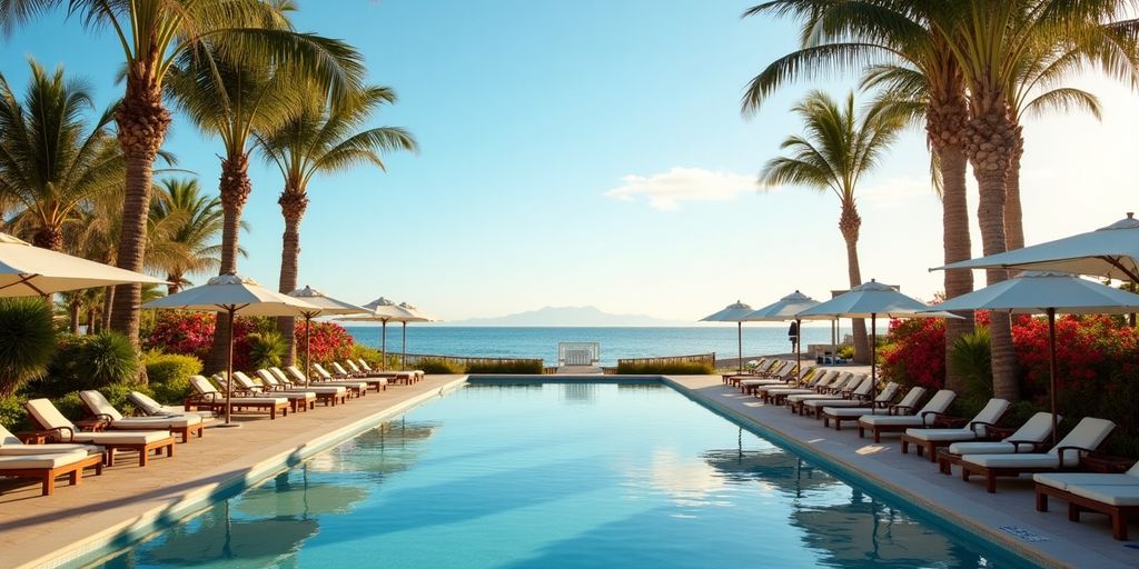 Luxurious poolside scene at Riu Palace Cabo.