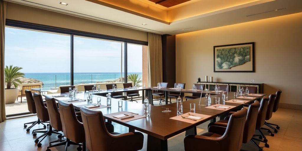 Elegant meeting room with ocean views and luxurious decor.