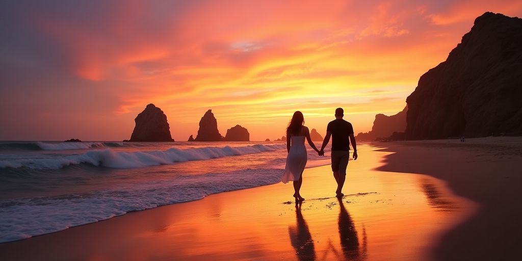 Couple walking on a sunset beach in Cabo San Lucas.
