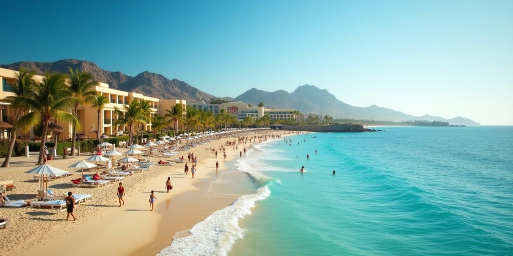 Riu Palace Los Cabos beach with guests enjoying activities.