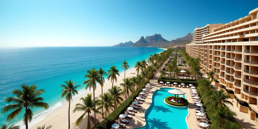 Riu Palace Los Cabos with ocean view and palm trees.