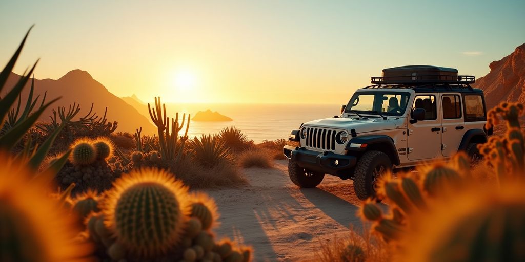 Jeep driving through Cabo's desert landscape at sunset.