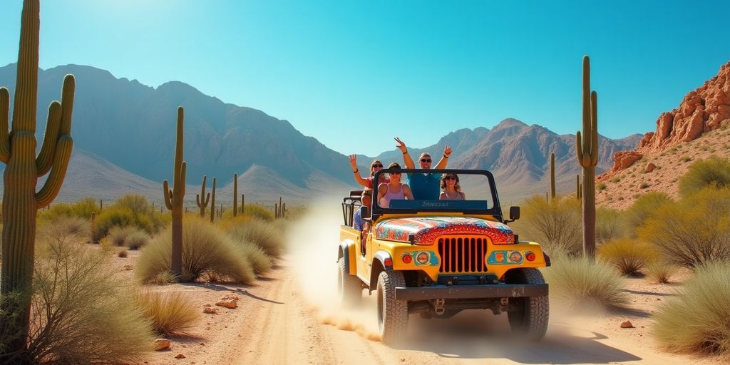 Safari tour vehicle in desert landscape with cacti.