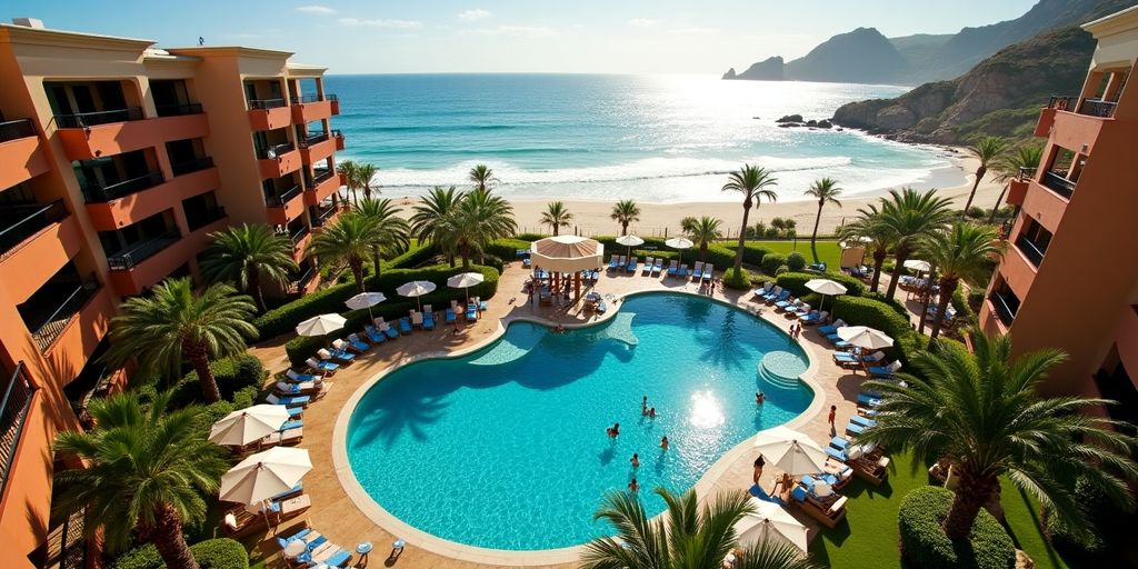 Luxurious resort with beach and pool at sunset.