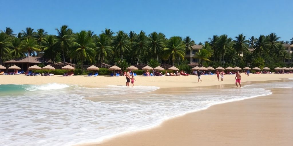 Beach scene with families enjoying activities at Playa Grande.