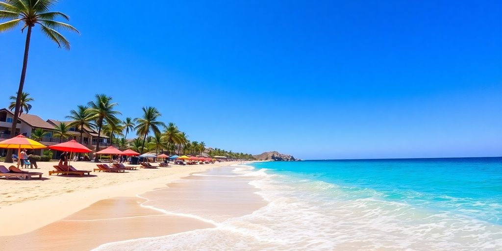 Beach in Cabo with palm trees and clear blue water.