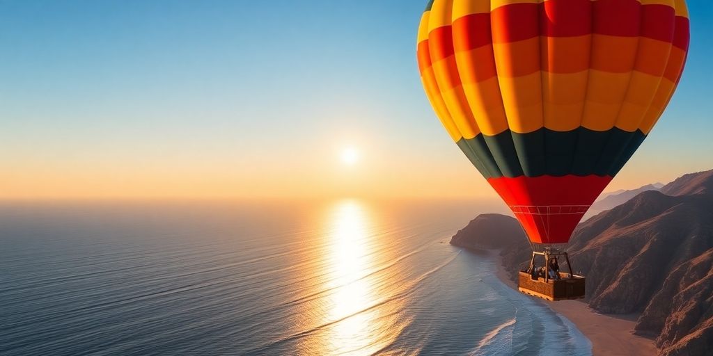 Colorful hot air balloon over Cabo's coastline at sunrise.