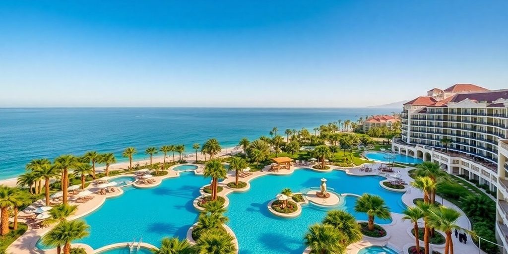 Luxurious resort suites with ocean views and tropical scenery.