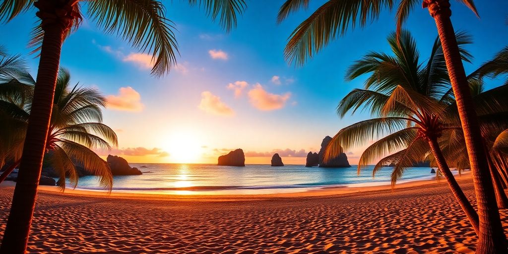 Cabo San Lucas beach at sunset with palm trees.