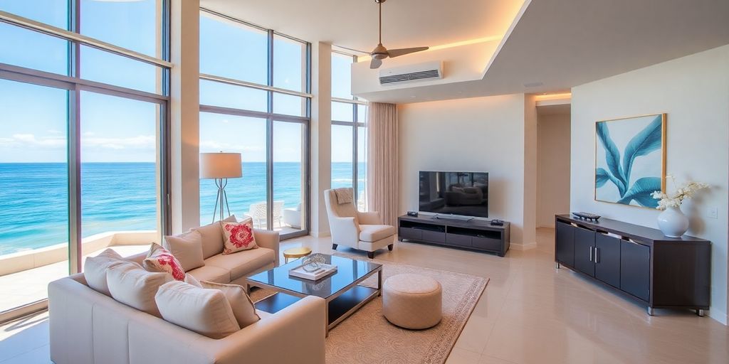 Stylish apartment interior with ocean view windows.