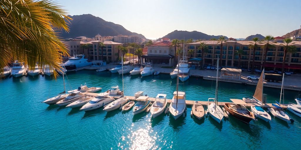 Beautiful marina with boats and palm trees in Cabo.
