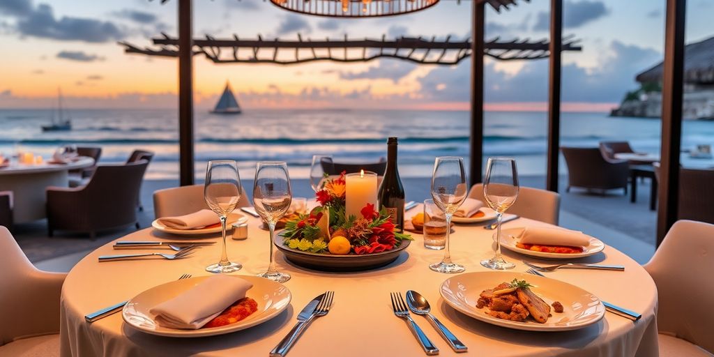 Gourmet dining setup with ocean view at Riu Baja.