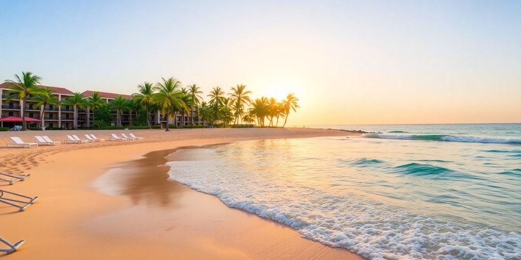 Beachfront view at Cabo Villas Beach Resort with sunset.
