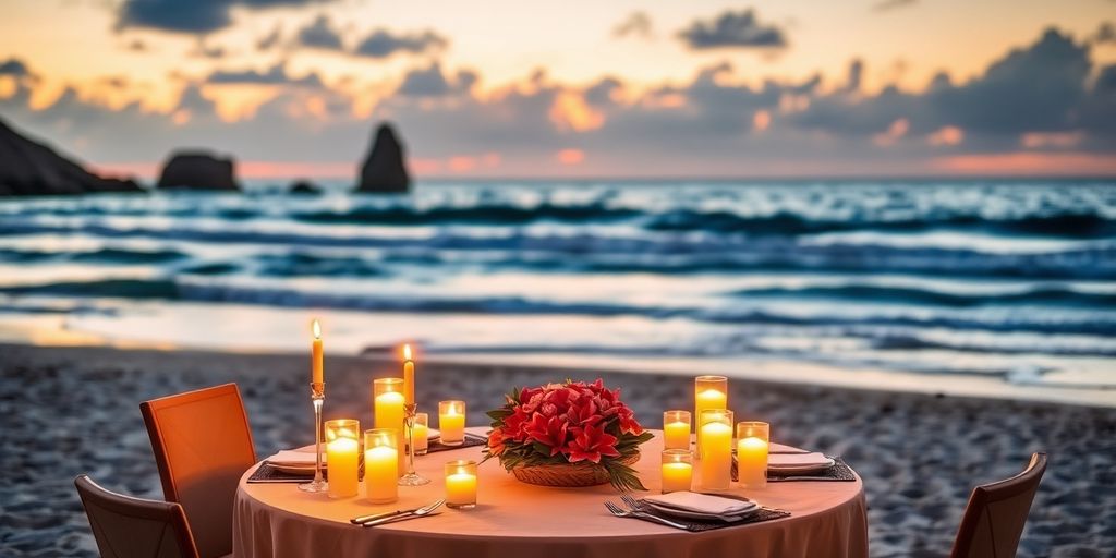 Candlelit dinner on the beach at sunset in Cabo.