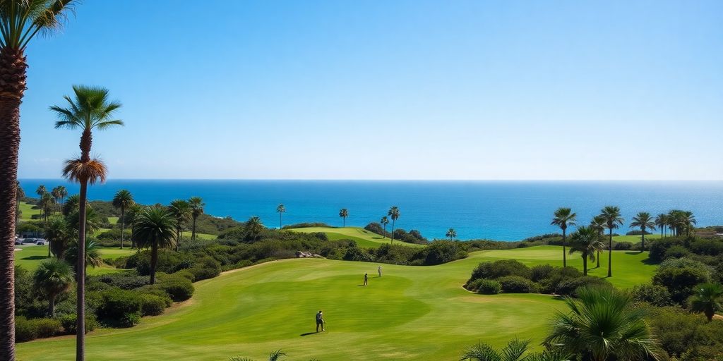 Lush Cabo golf course with ocean view and palm trees.