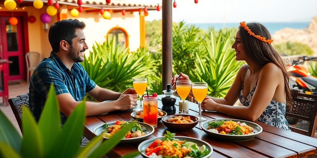 Couple enjoying dinner outdoors in Cabo after ATV riding.