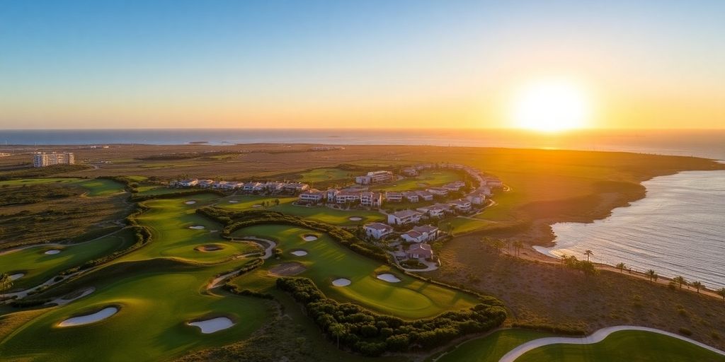 Aerial view of Diamante Cabo golf courses at sunset.