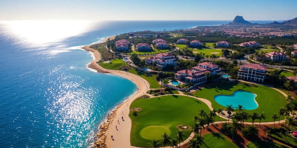 Aerial view of luxury homes and golf course with ocean.