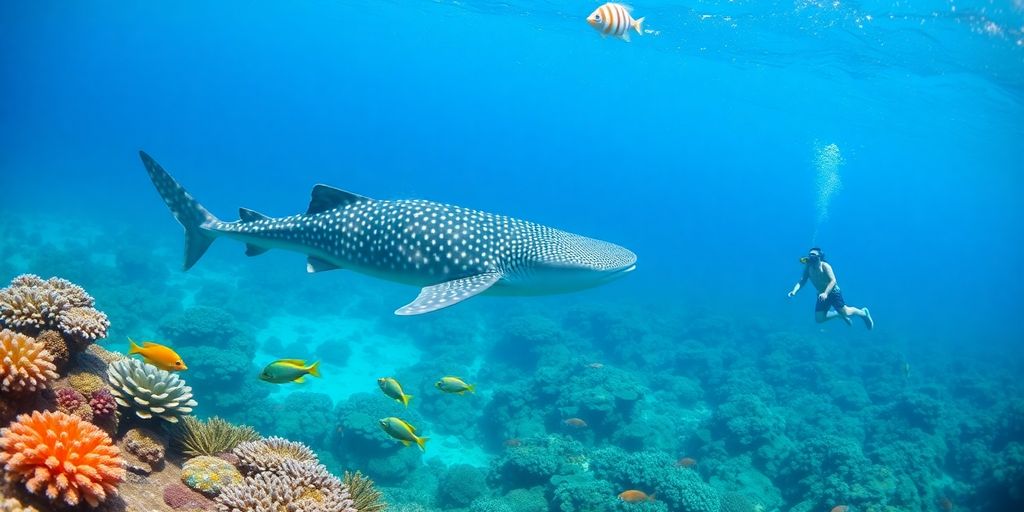 Whale shark with snorkeler in clear blue waters.