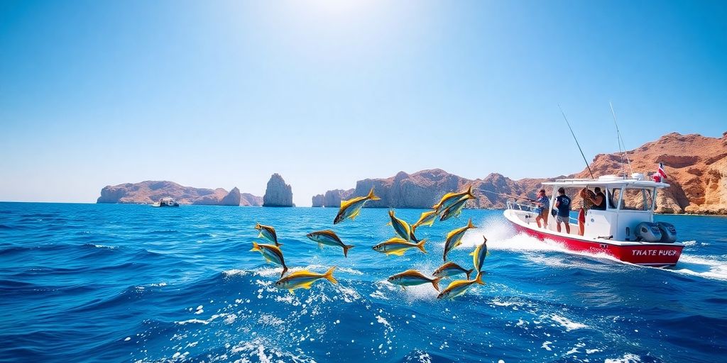 Fishing boat in Cabo San Lucas with anglers casting lines.