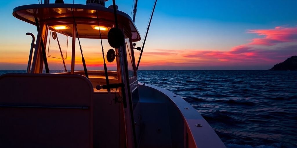 Fishing boat at sunrise in Cabo with gear ready.
