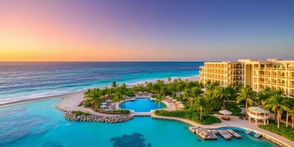 Luxury beachfront resort with cabanas and sunset view.