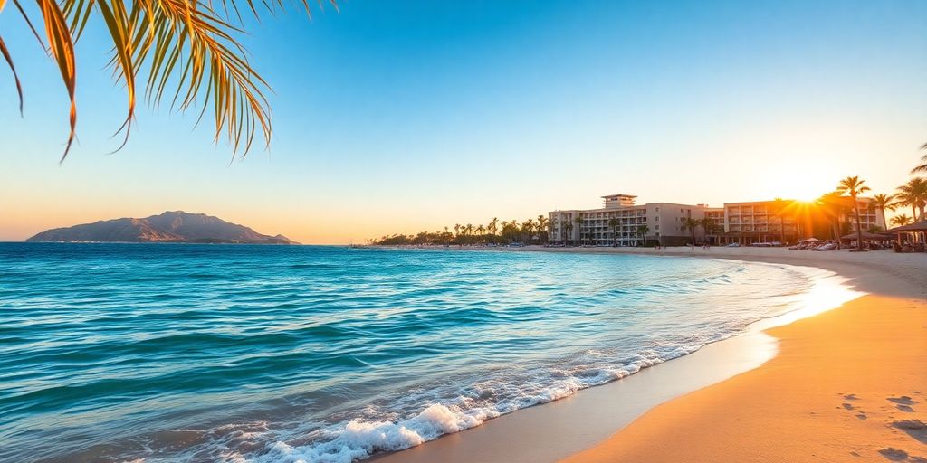 Hermosa playa de Cabo con vista al resort y al atardecer.