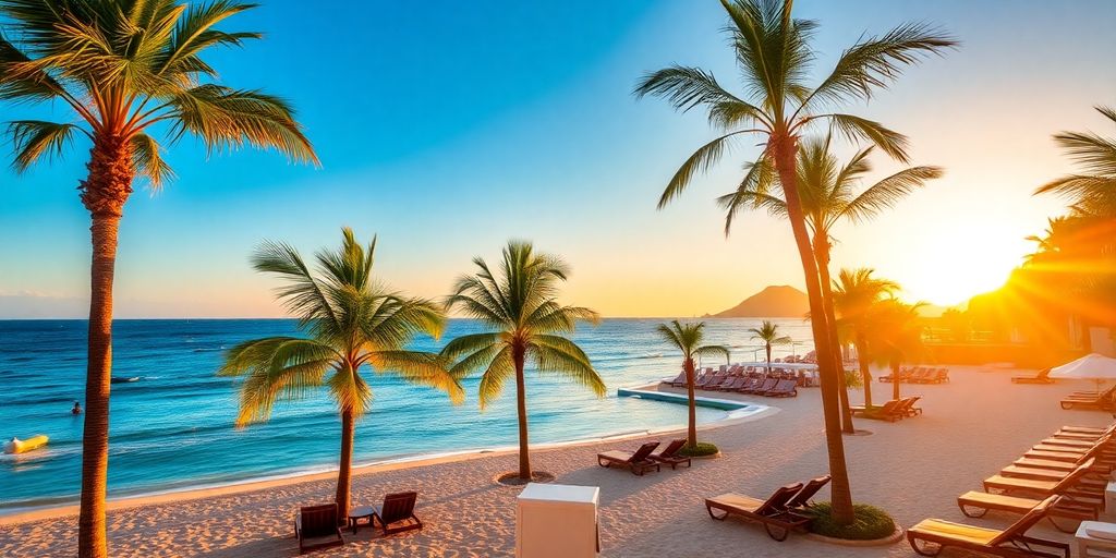Lujoso resort de playa en Cabo con palmeras y atardecer.