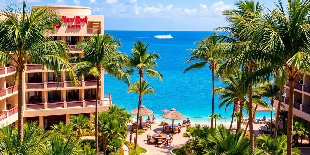 Hard Rock Hotel Los Cabos con océano y palmeras.