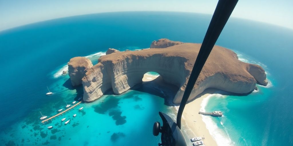 Helicopter flying over Cabo San Lucas coastline.